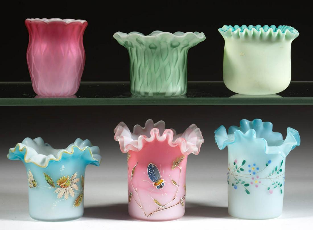ASSORTED VICTORIAN CASED GLASS TOOTHPICK HOLDERS, LOT: ASSORTED VICTORIAN CASED GLASS TOOTHPICK HOLDERS, LOT OF SIX, various colors, including three Queen Mary examples with floral enamel-decoration, a pink and green Diamond-Quilt Mother-of-Pearl, and a s