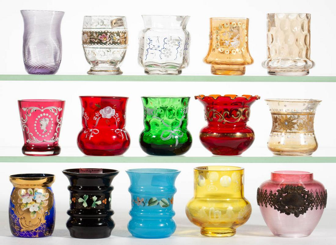 ASSORTED VICTORIAN AND OTHER TOOTHPICK HOLDERS, LOT OF: ASSORTED VICTORIAN AND OTHER TOOTHPICK HOLDERS, LOT OF 14, various colors, including two enamel-decorated Boultinghouse #161, iridescent Bulge Base IVT, various enamel and gilt decorated, two threaded