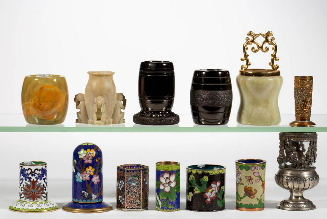 CLOISONNE AND OTHER TOOTHPICK / MATCH HOLDERS, LOT OF: CLOISONNE AND OTHER TOOTHPICK / MATCH HOLDERS, LOT OF 13, including five cloissone metal examples with one having a cover and one marked "CHINA" to base, a hexagonal plique-a-jour enameled example, a 