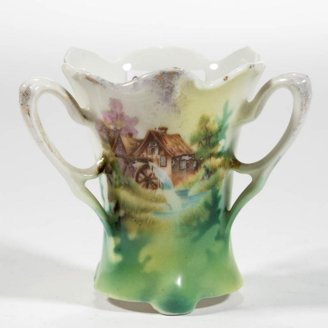 R.S. PRUSSIA PORCELAIN TOOTHPICK HOLDER: R.S. PRUSSIA PORCELAIN TOOTHPICK HOLDER, Mold 646, featuring a charming mill scene transfer with light green and yellow highlights. Unmarked. R.S. Prussia, Suhl, Germany. Late 19th/first quarter 20th