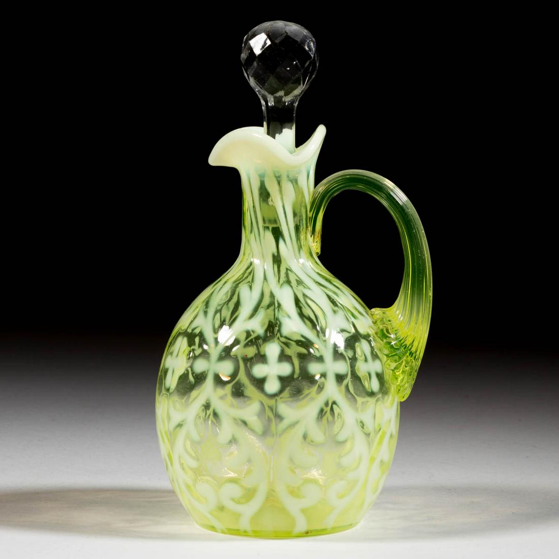 OPALINE BROCADE / SPANISH LACE CRUET: OPALINE BROCADE / SPANISH LACE CRUET, Vaseline (reacts under black light) opalescent, pressed-facet stopper, applied reeded Vaseline (reacts under black light) handle. Northwood Glass Co. Circa 1899.