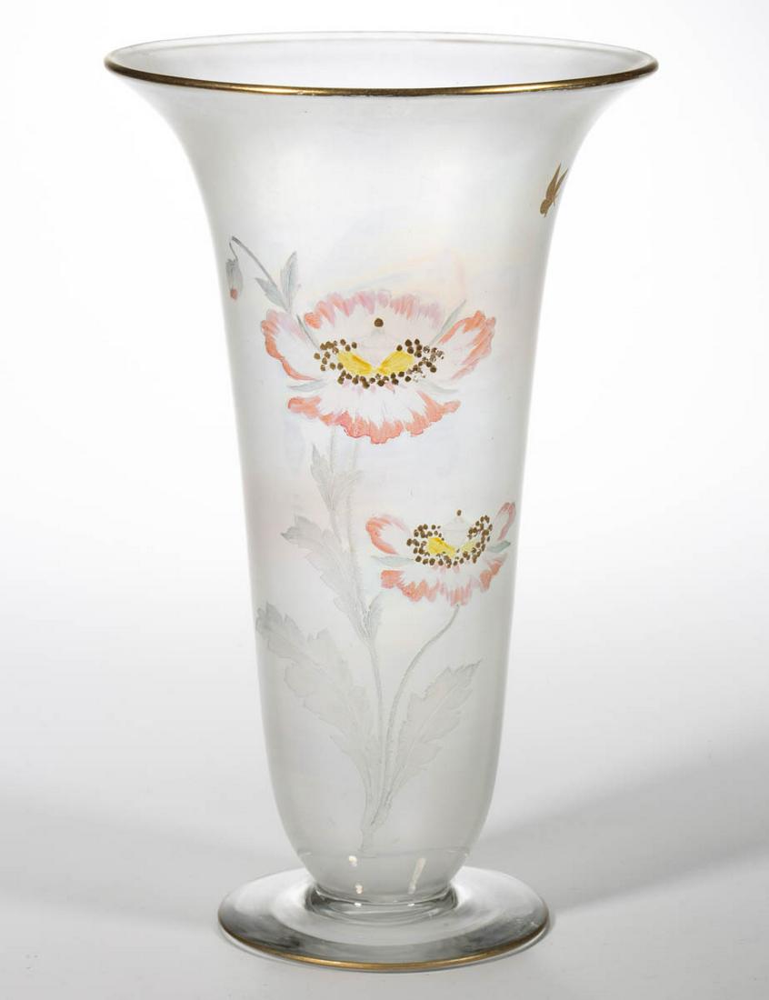 SINCLAIRE PEARL POPPY ART GLASS VASE: SINCLAIRE PEARL POPPY ART GLASS VASE, frosted colorless iridescent with stained and gilt decoration, trumpet-form with stained poppy flowers and two gilt butterflies, polished pontil mark. H. P. Sincl