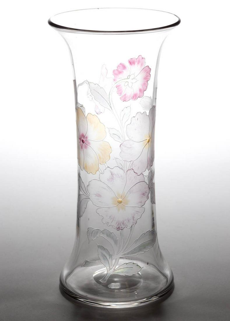 DORFLINGER KALANA PANSY ART GLASS CYLINDER VASE: DORFLINGER KALANA PANSY ART GLASS CYLINDER VASE, colorless with purple and amber staining, with flaring rim and base, polished pontil mark. C. Dorflinger & Sons. 1910-1920. 10" H, 4 1/2" D rim. Undama