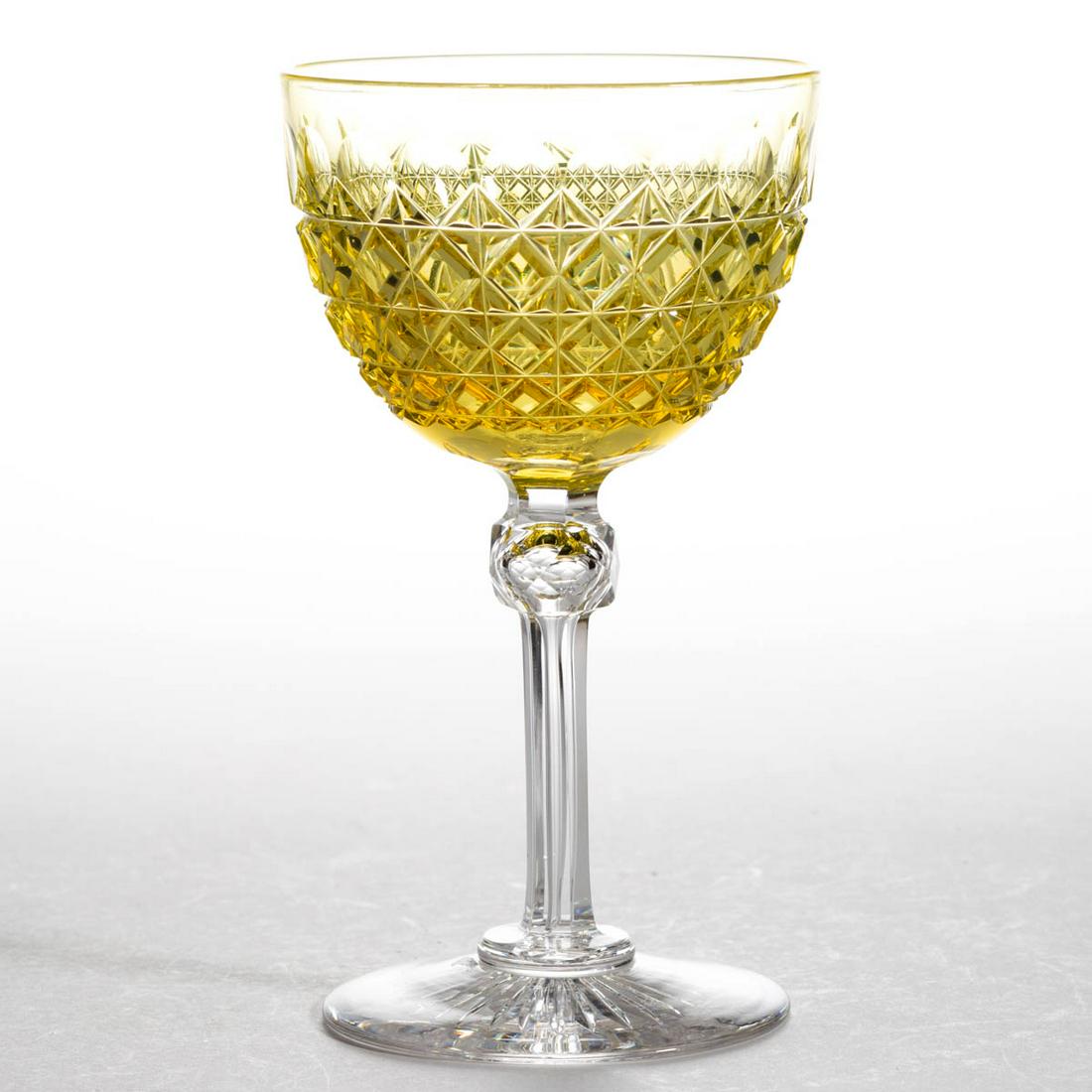 DORFLINGER ATTRIBUTED DIAMONDS AND FLUTES WINE: DORFLINGER ATTRIBUTED DIAMONDS AND FLUTES WINE, Vaseline (reacts under black light) and colorless, having No. 3840 cut pattern, a cut-faceted tall stem and applied circular overlaid foot, rayed to the