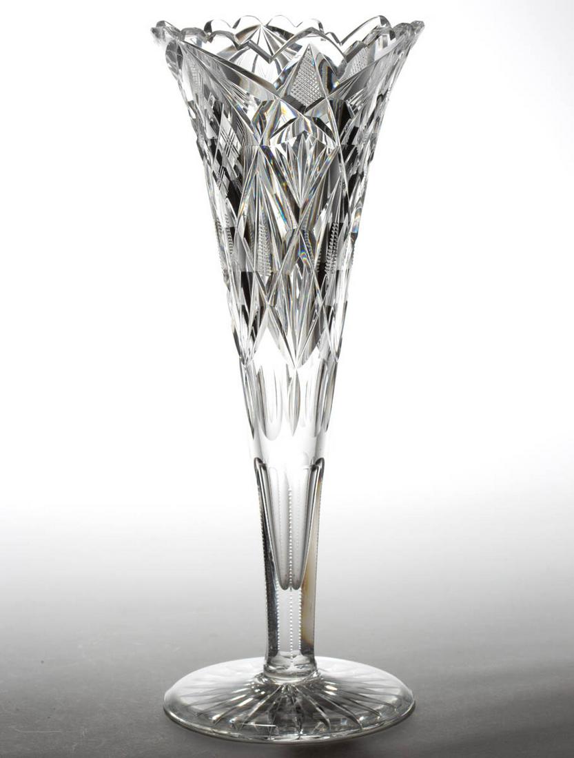 DORFLINGER ATTRIBUTED PILGRIM BRILLIANT CUT GLASS: DORFLINGER ATTRIBUTED PILGRIM BRILLIANT CUT GLASS TRUMPET VASE, colorless, applied circular foot, rayed to the underside. C. Dorflinger & Sons. Fourth quarter 19th/early 20th century. 12" H, 4 1/2" D 