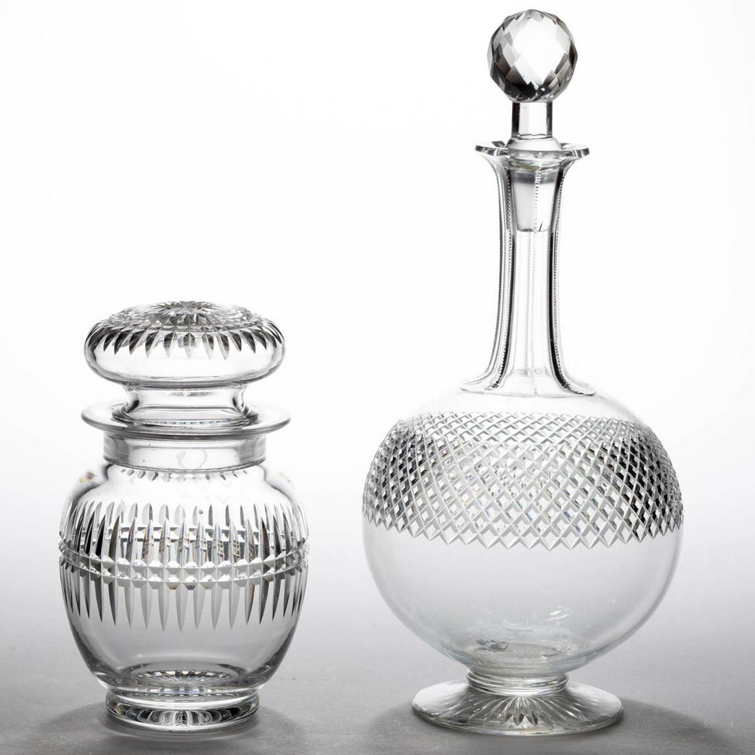 ASSORTED CUT GLASS ARTICLES, LOT OF TWO: ASSORTED CUT GLASS ARTICLES, LOT OF TWO, colorless, comprising a Dorflinger Renaissance covered cherry jar, and a medial diamond band wine decanter. Various makers. Fourth quarter 19th/early 20th cent
