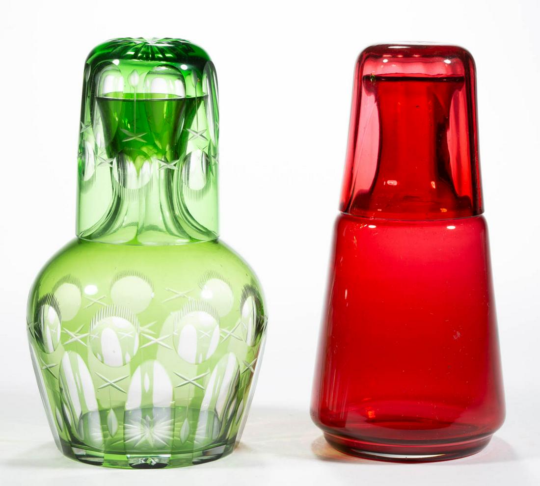 CUT-OVERLAY BLAZED PUNTY AND ARCHES TUMBLE-UP: CUT-OVERLAY BLAZED PUNTY AND ARCHES TUMBLE-UP, green to colorless, globular bottle with cut-fluted neck, topped with a matching tumbler. Together with a blown cranberry tumble-up. Two pieces total. Va