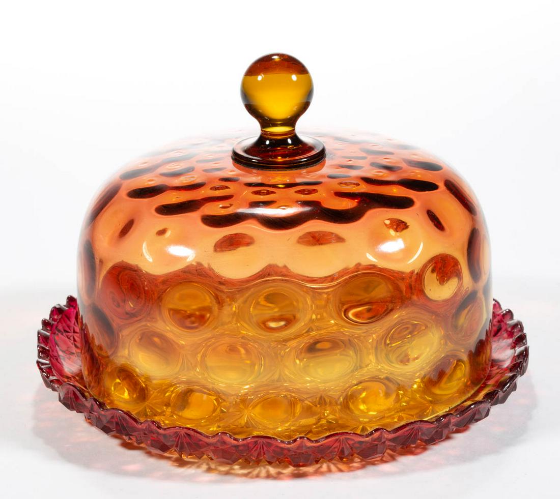 HOBBS NO. 319 / POLKA DOT COVERED CHEESE DISH: HOBBS NO. 319 / POLKA DOT COVERED CHEESE DISH, amberina, pressed Daisy and Button underplate. Hobbs, Brockunier & Co. Pattern introduced in 1884. 5" HOA. Plate: 6 7/8" D. Very good condition overall w