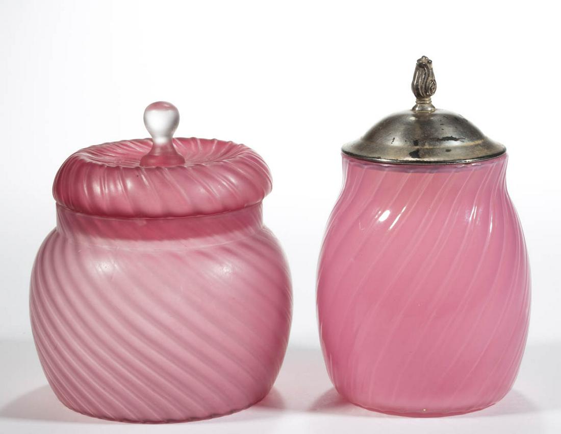 HOBBS NO. 207 / MURANO TABLE ARTICLES, LOT OF TWO: HOBBS NO. 207 / MURANO TABLE ARTICLES, LOT OF TWO, Ruby Alabaster, comprising a covered sugar bowl and spooner with a later cover. Hobbs, Brockunier & Co. Pattern introduced in 1887. 5 1/4" and 6" HOA