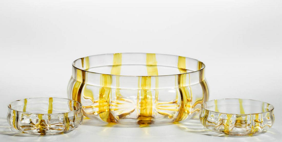 HOBBS NO. 346 THREE-PIECE BERRY SET: HOBBS NO. 346 THREE-PIECE BERRY SET, colorless with yellow ribs, comprising a master berry bowl and two individual sauce dishes. Hobbs, Brockunier & Co. Circa 1891. Master: 3" H, 8" D rim. Sauces: 1 3