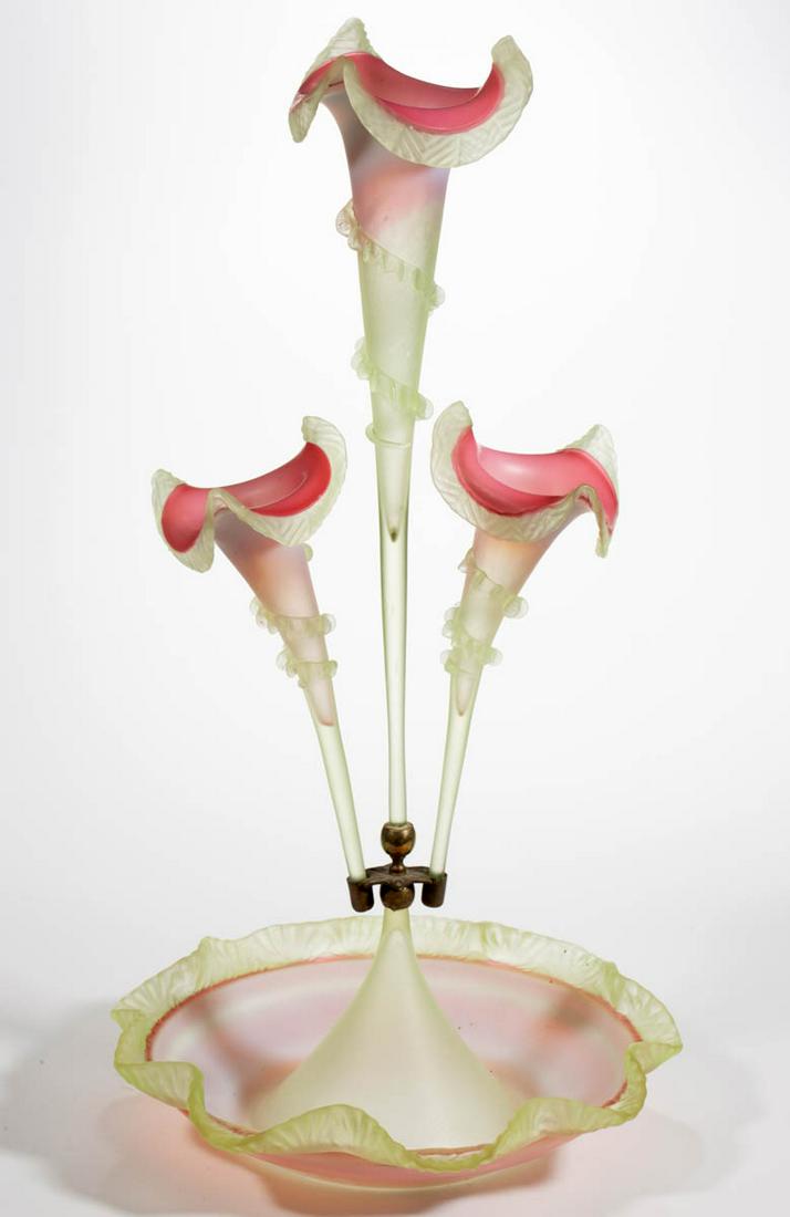 VICTORIAN OPALESCENT GLASS EPERGNE: VICTORIAN OPALESCENT GLASS EPERGNE, opalescent rubina verde (reacts under black light) with a satin finish, large shallow bowl with an applied Vaseline (reacts under black light) rim, three matching t