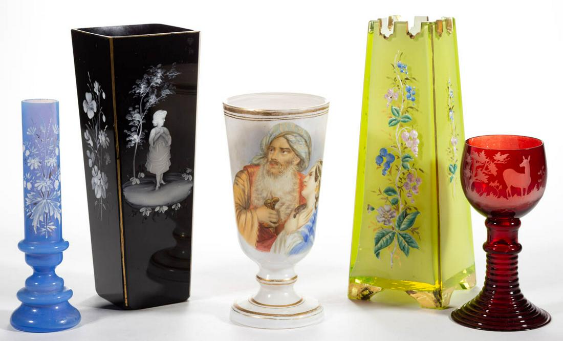 ASSORTED VICTORIAN GLASS ARTICLES, LOT OF FIVE: ASSORTED VICTORIAN GLASS ARTICLES, LOT OF FIVE, various colors, including a conical squared black vase with Mary Gregory-type decoration, a similar yellow green tapered square vase, and a ruby-stained