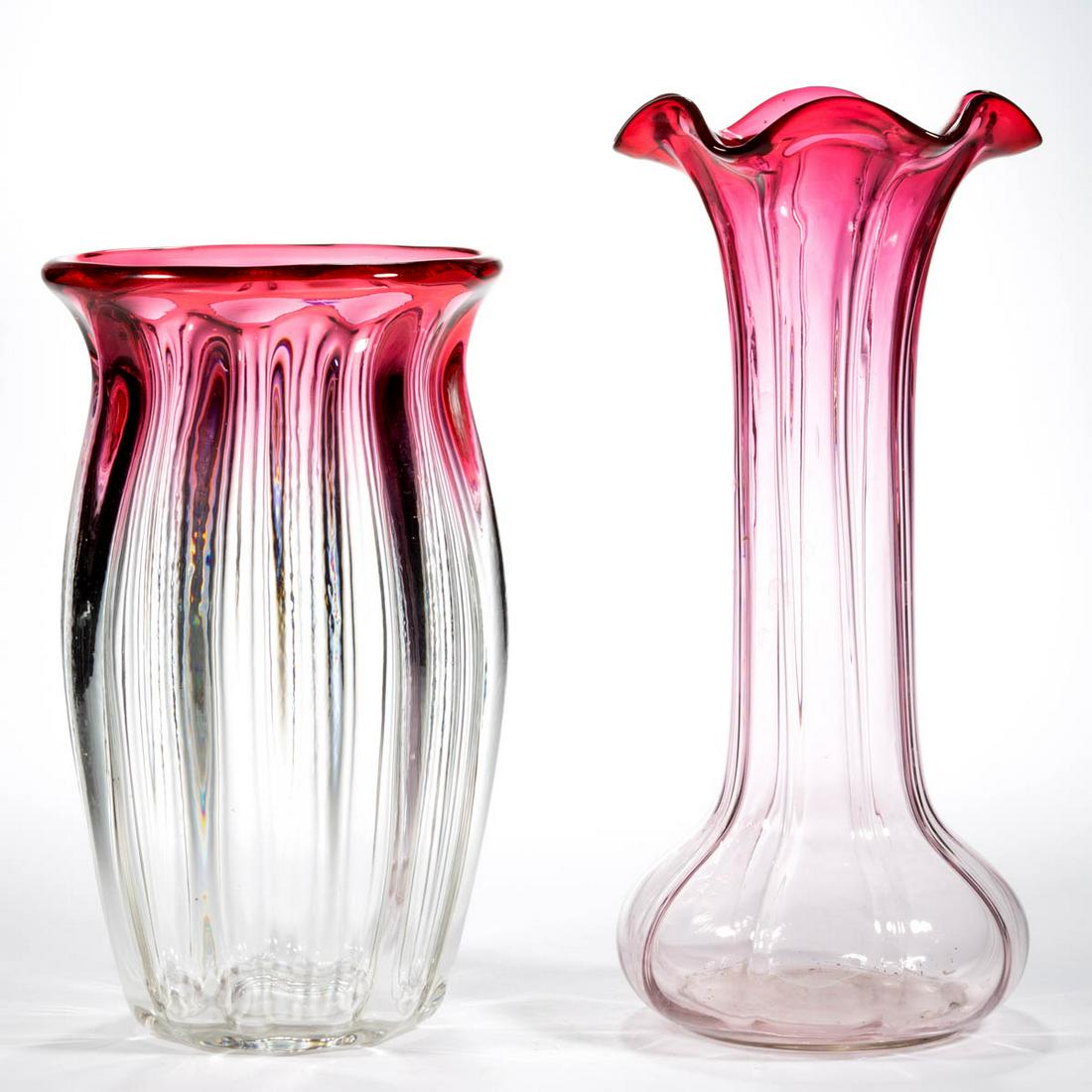VICTORIAN RUBINA RIBBED / PILLAR-MOLDED VASES, LOT OF: VICTORIAN RUBINA RIBBED / PILLAR-MOLDED VASES, LOT OF TWO, comprising a large gourd vase with eight vertical ribs and a large signed Webb ovoid-form with ten vertical ribs. Makers unverified. Late 19t