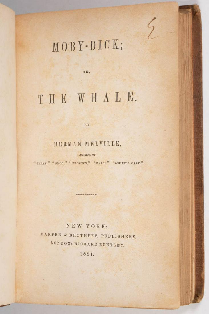 IMPORTANT MOBY-DICK FIRST AMERICAN EDITION VOLUME: IMPORTANT MOBY-DICK FIRST AMERICAN EDITION VOLUME, Herman Melville, "Moby-Dick; or, The Whale", New York: Harper & Brothers, 1851, with six pages of publisher's advertisements and blank leaves in rear