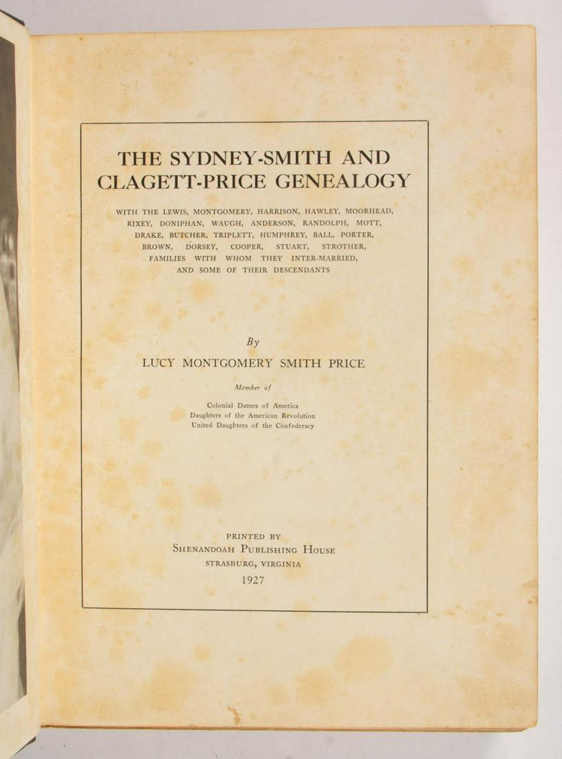 VIRGINIA GENEALOGY VOLUME: VIRGINIA GENEALOGY VOLUME, Lucy Montgomery Smith Price, "The Sydney-Smith and Clagett-Price Genealogy", Strasburg, Virginia: Shenandoah Publishing House, 1927. Original gilt-stamped cloth binding. Ver