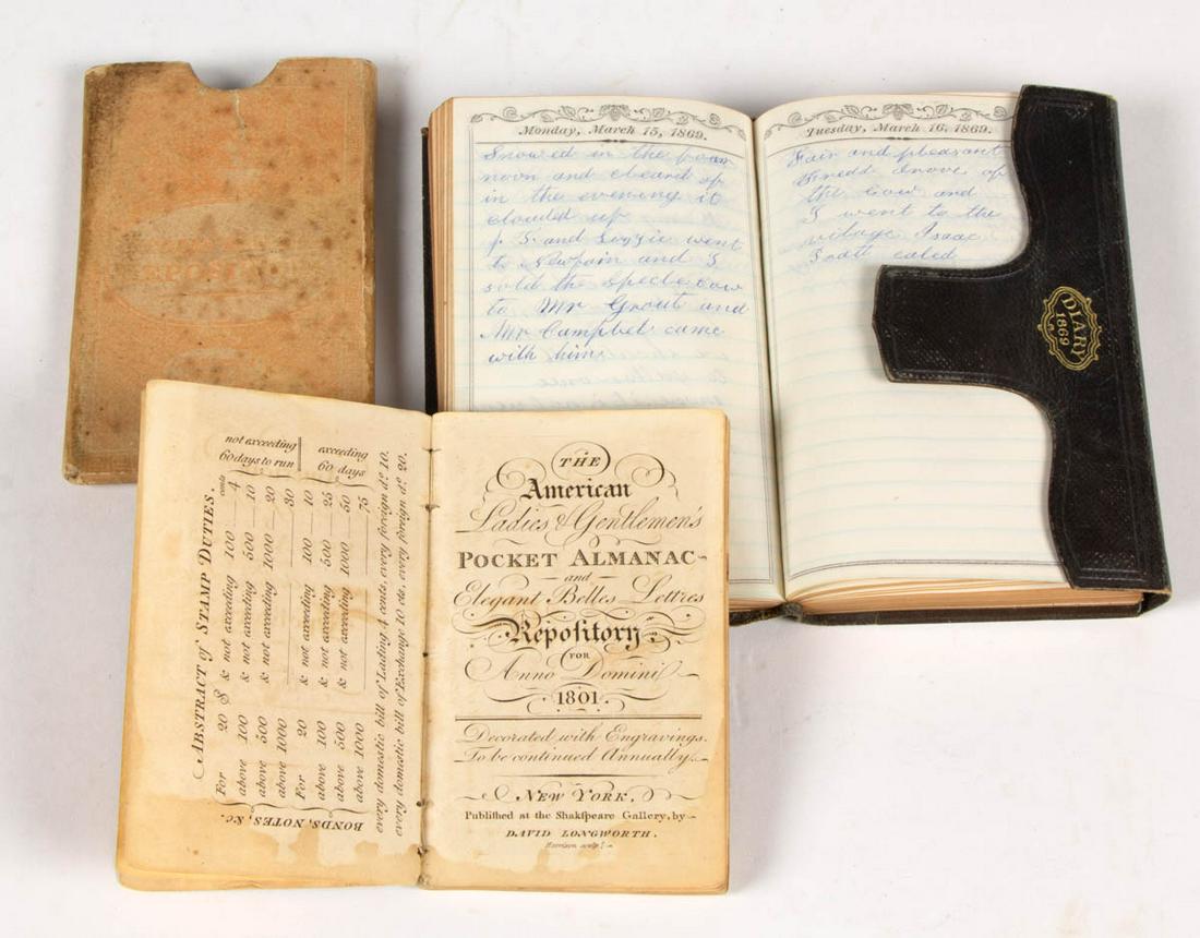 ANTIQUARIAN POCKET VOLUMES, LOT OF TWO: ANTIQUARIAN POCKET VOLUMES, LOT OF TWO, comprising "The American Ladies & Gentlemen's Pocket Almanac and Elegant Belles Letters Repository for Anno Domini 1801. Decorated with Engravings to be Continu