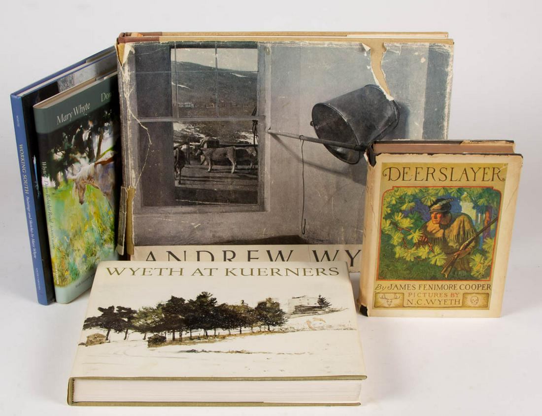 WYETH AND OTHER ARTIST VOLUMES, LOT OF FIVE: WYETH AND OTHER ARTIST VOLUMES, LOT OF FIVE, comprising Cooper, "Deerslayer", illustrated by N. C. Wyeth, Scribners, 1929; Wyeth, "Wyeth at Kuerner", 1976; Meryman, "Andrew Wyeth", 1968; and two Mary