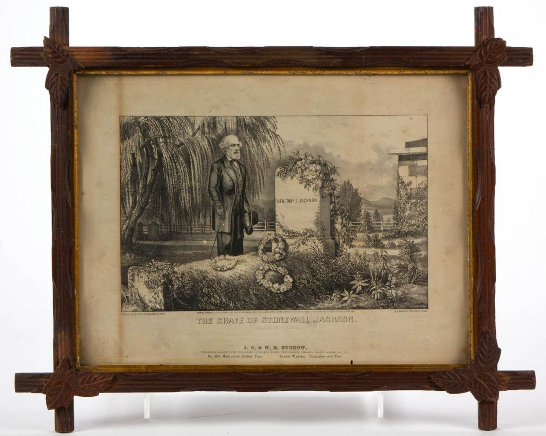 CURRIER & IVES CIVIL WAR HISTORICAL PRINT: CURRIER & IVES CIVIL WAR HISTORICAL PRINT, lithograph, "THE GRAVE OF STONEWALL JACKSON. / LEXINGTON, VIRGINIA", depicting Robert E. Lee standing at Jackson's grave, with Burrow, Wholesale Dealer, Bris