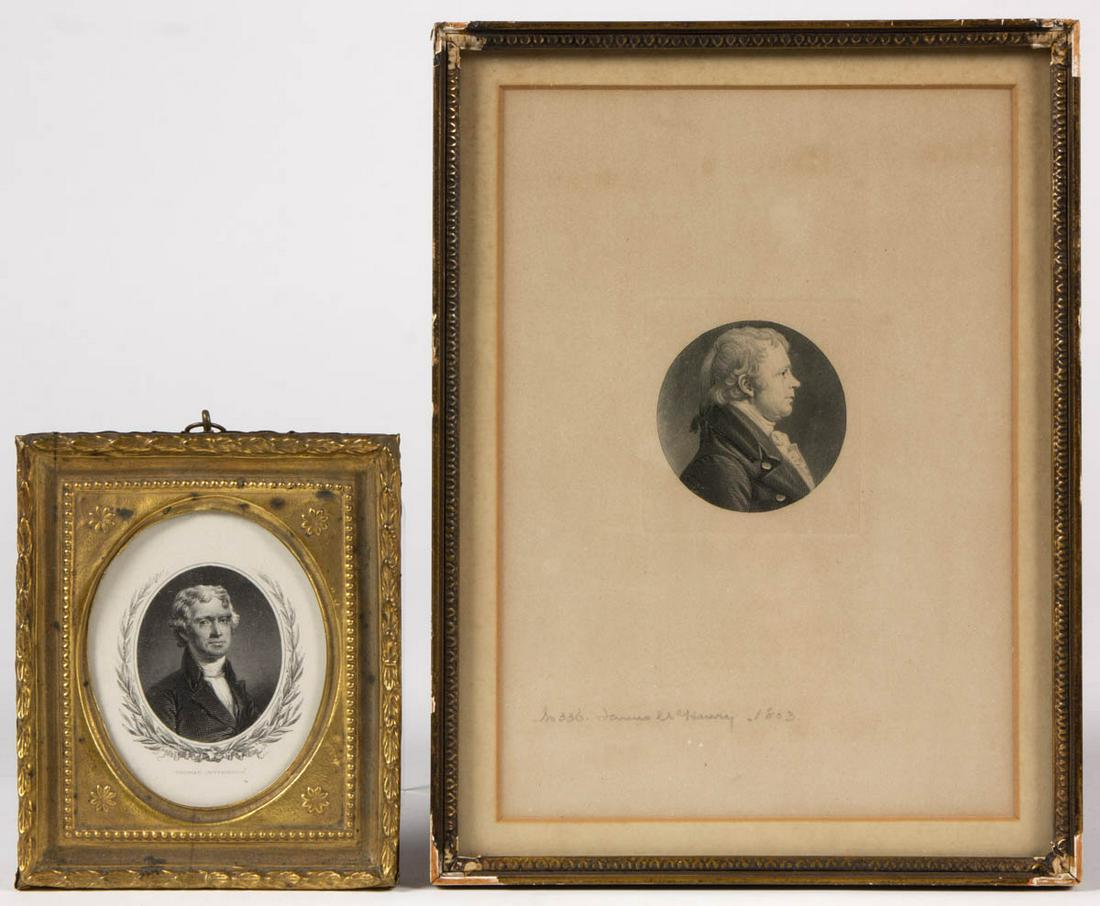 AMERICAN POLITICAL MINIATURE PORTRAITS, LOT OF TWO: AMERICAN POLITICAL MINIATURE PORTRAITS, LOT OF TWO, engraving on paper, comprising James McHenry after Charles B. J. Fevret de Saint-Memin (French/American, 1770-1852), penciled inscription "No. 336 J