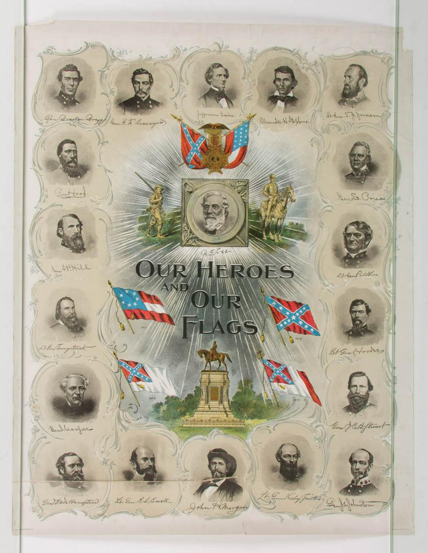CIVIL WAR CONFEDERATE STATES MEMORIAL PRINT: CIVIL WAR CONFEDERATE STATES MEMORIAL PRINT, chromo- and toned-lithograph, "Our Heroes and Our Flags", depicting Jefferson Davis, Alexander Stephens, and 16 Confederate generals encircling General Rob