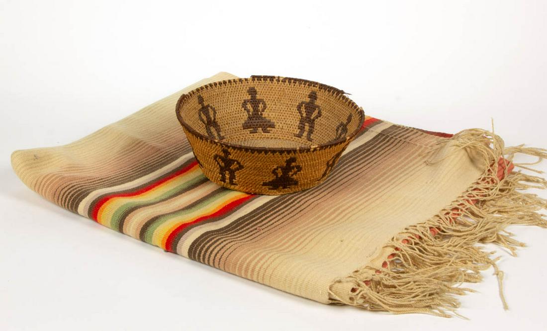 NATIVE AMERICAN PIMA / PAPAGO COILED BASKET: NATIVE AMERICAN PIMA / PAPAGO COILED BASKET, low bowl form with human figures around sides and five-point star in bottom. Together with a woven blanket, probably Mexican. Two pieces total. First half 