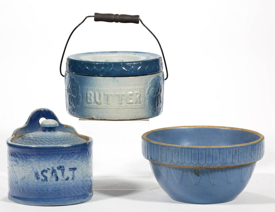 AMERICAN BLUE AND WHITE SALT-GLAZED STONEWARE ARTICLES,: AMERICAN BLUE AND WHITE SALT-GLAZED STONEWARE ARTICLES, LOT OF THREE, comprising a covered butter crock with bail handle featuring Apricot with Honeycomb pattern, a covered salt holder having Daisy on