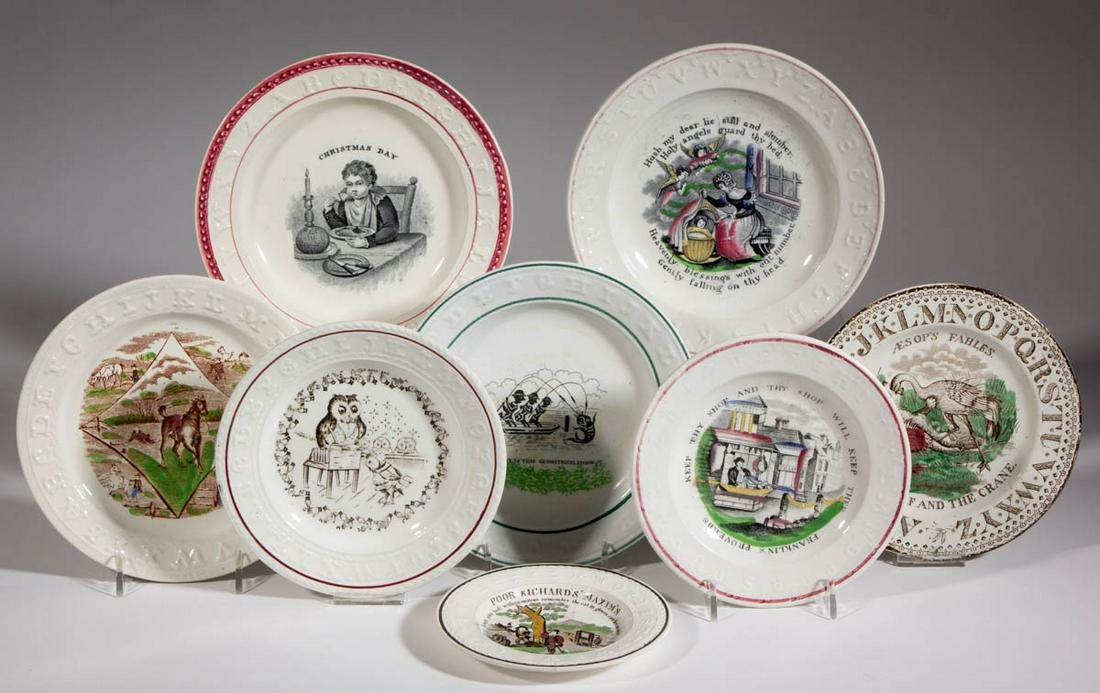 ENGLISH TRANSFER-PRINTED CERAMIC CHILDREN'S ABC PLATES,: ENGLISH TRANSFER-PRINTED CERAMIC CHILDREN'S ABC PLATES, LOT OF EIGHT, comprising seven having relief molded alphabet border, including examples featuring a schoolroom with owls encircled by the alphab