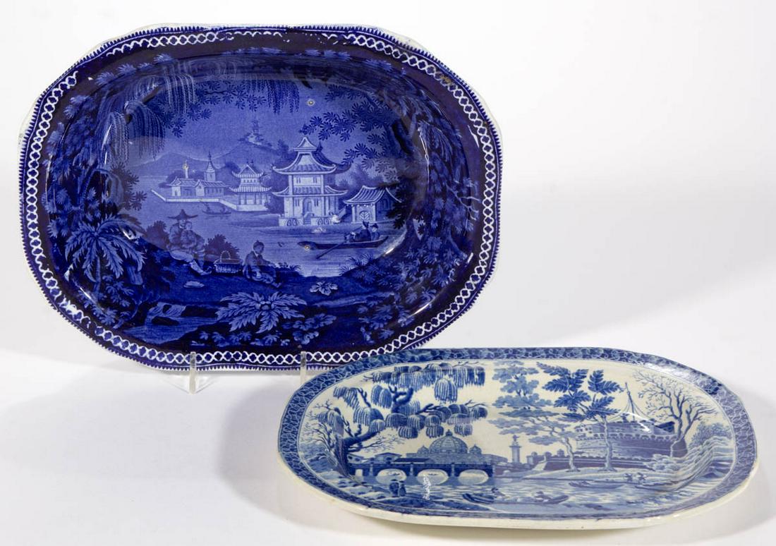 ENGLISH STAFFORDSHIRE PEARLWARE BLUE TRANSFER-PRINTED: ENGLISH STAFFORDSHIRE PEARLWARE BLUE TRANSFER-PRINTED CERAMIC TABLE ARTICLES, LOT OF TWO, comprising a 10 3/8" x 8 1/8" platter having "Rome" or "Tiber" pattern featuring the River Tiber with figures