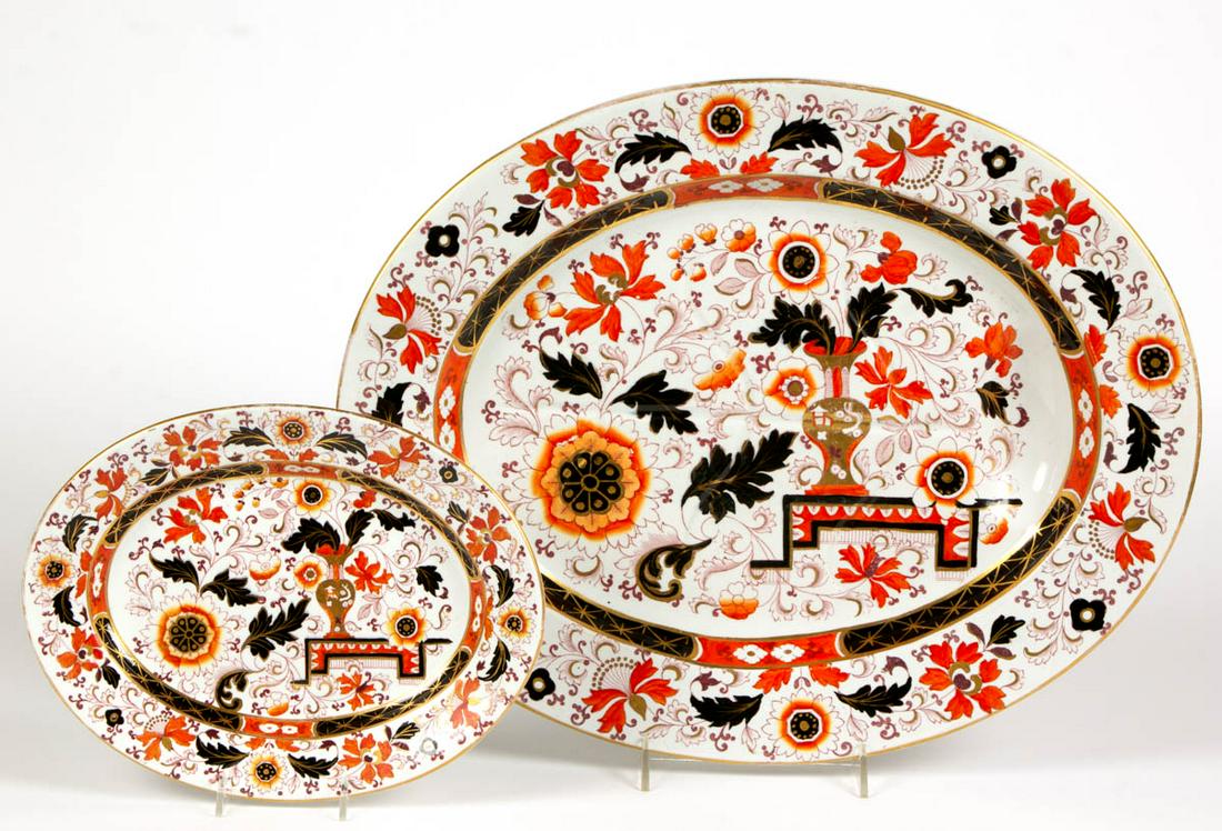 ENGLISH STAFFORDSHIRE "OLD JAPAN VASE" / "FRANKLIN URN": ENGLISH STAFFORDSHIRE "OLD JAPAN VASE" / "FRANKLIN URN" IRONSTONE CERAMIC PLATTERS, LOT OF TWO, comprising a molded tree-and-well example and a 11" x 8 1/2" example, each of oval shape and featuring I