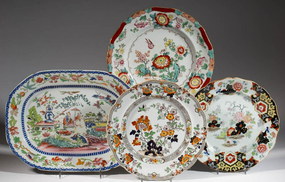 ENGLISH MASON'S-STYLE IRONSTONE TABLE ARTICLES, LOT OF: ENGLISH MASON'S-STYLE IRONSTONE TABLE ARTICLES, LOT OF FOUR, comprising three plates, each having bold transfer floral designs with polychrome enamel decorations, including one featuring a bird pursui