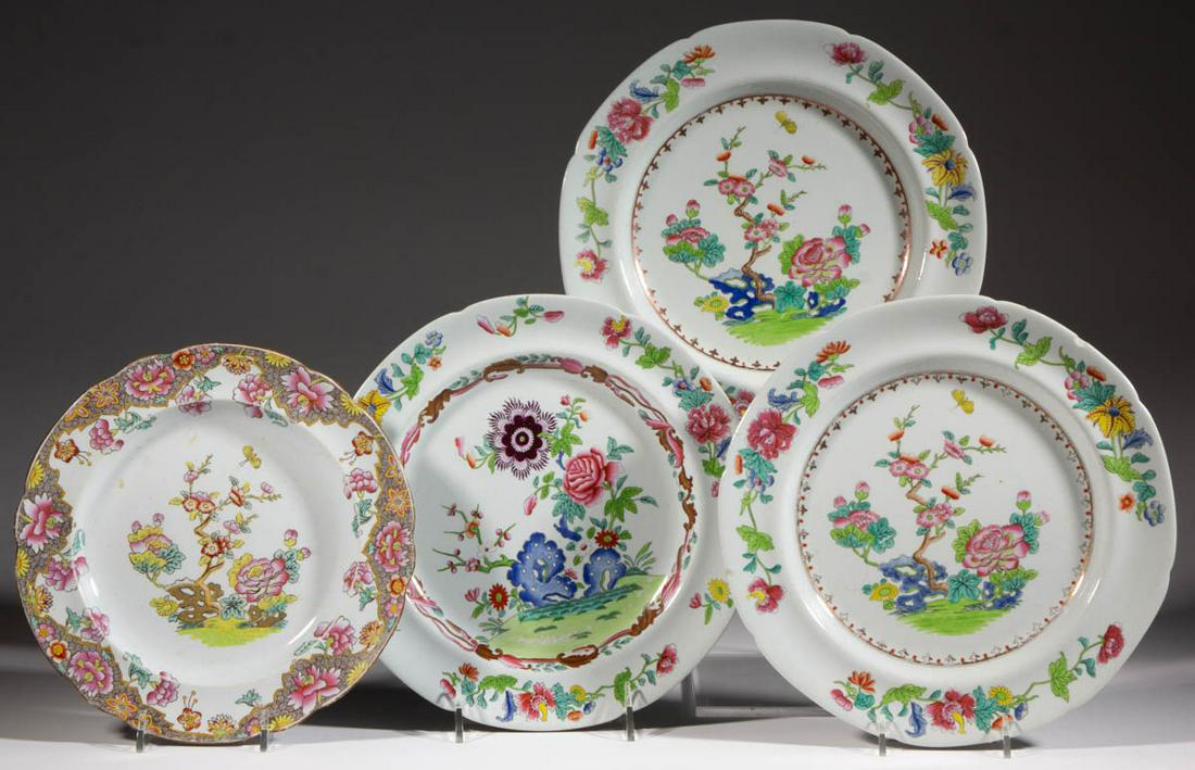 ENGLISH SPODE CHINOISERIE FLORAL IRONSTONE PLATES, LOT: ENGLISH SPODE CHINOISERIE FLORAL IRONSTONE PLATES, LOT OF FOUR, comprising three having polychrome enamel decorated "Willis" pattern, including two matching examples, and one with "Star" pattern featu
