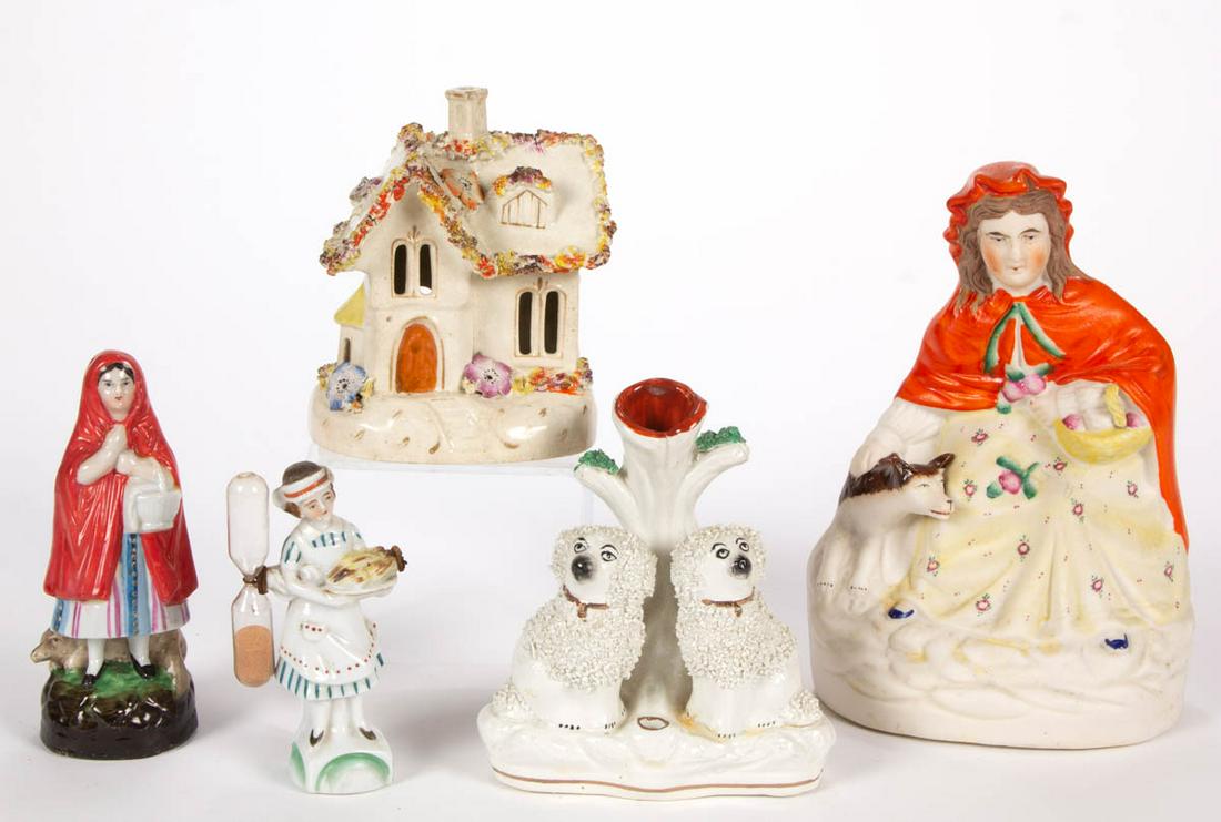 ASSORTED HAND-PAINTED CERAMIC FIGURAL ARTICLES, LOT OF: ASSORTED HAND-PAINTED CERAMIC FIGURAL ARTICLES, LOT OF FIVE, comprising a cottage pastille burner having charming polychrome applied floral decorations, two Red Riding Hood with wolf examples, one tre