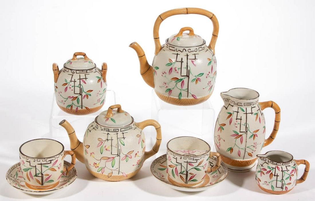 ENGLISH MAJOLICA BROWNHILL POTTERY CERAMIC TEA: ENGLISH MAJOLICA BROWNHILL POTTERY CERAMIC TEA ARTICLES, LOT OF NINE, comprising a tea kettle, a teapot, a covered sugar, a creamer, a cup and saucer, a mustache cup and saucer, and a jug/pitcher, eac