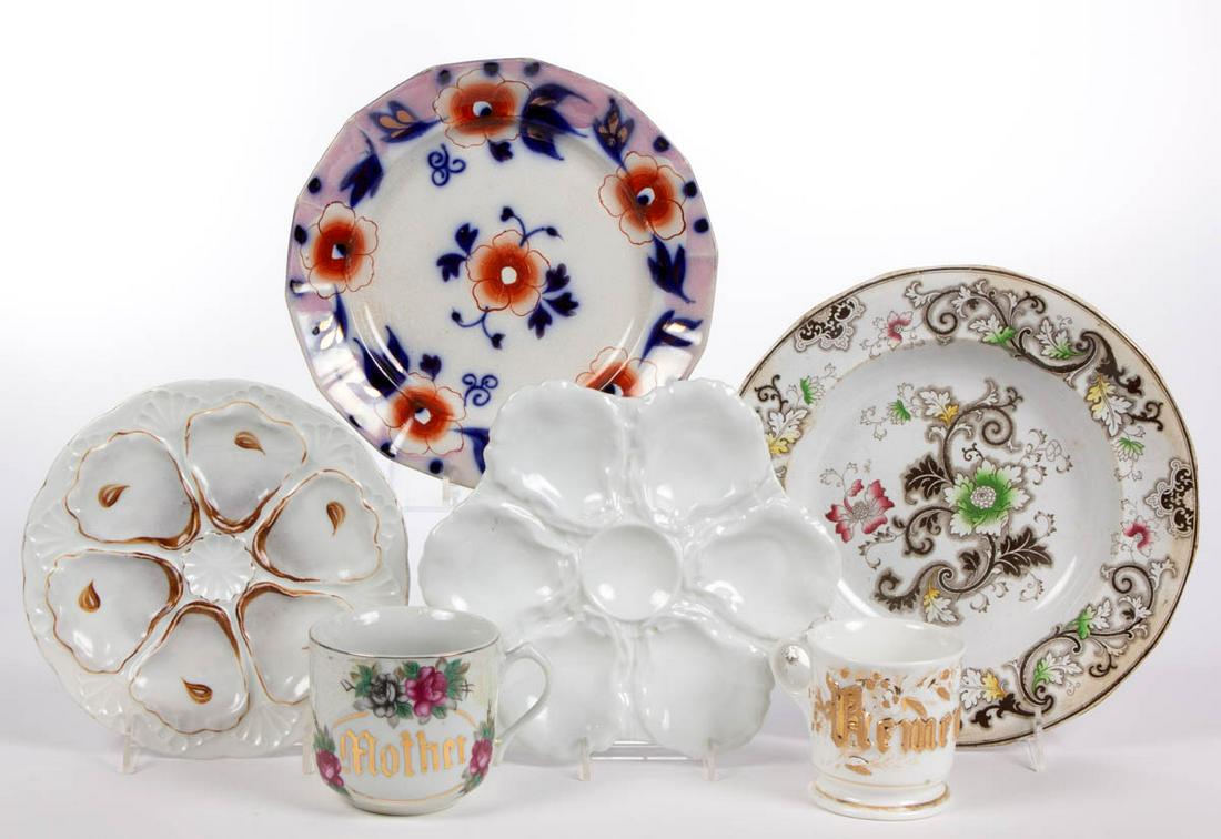 ASSORTED CERAMIC TABLE ARTICLES, LOT OF SIX: ASSORTED CERAMIC TABLE ARTICLES, LOT OF SIX, comprising two porcelain oyster plates, a Gaudy ironstone panelled rim plate with floral design and lustre highlights, a soup plate with "AURORA" pattern, 