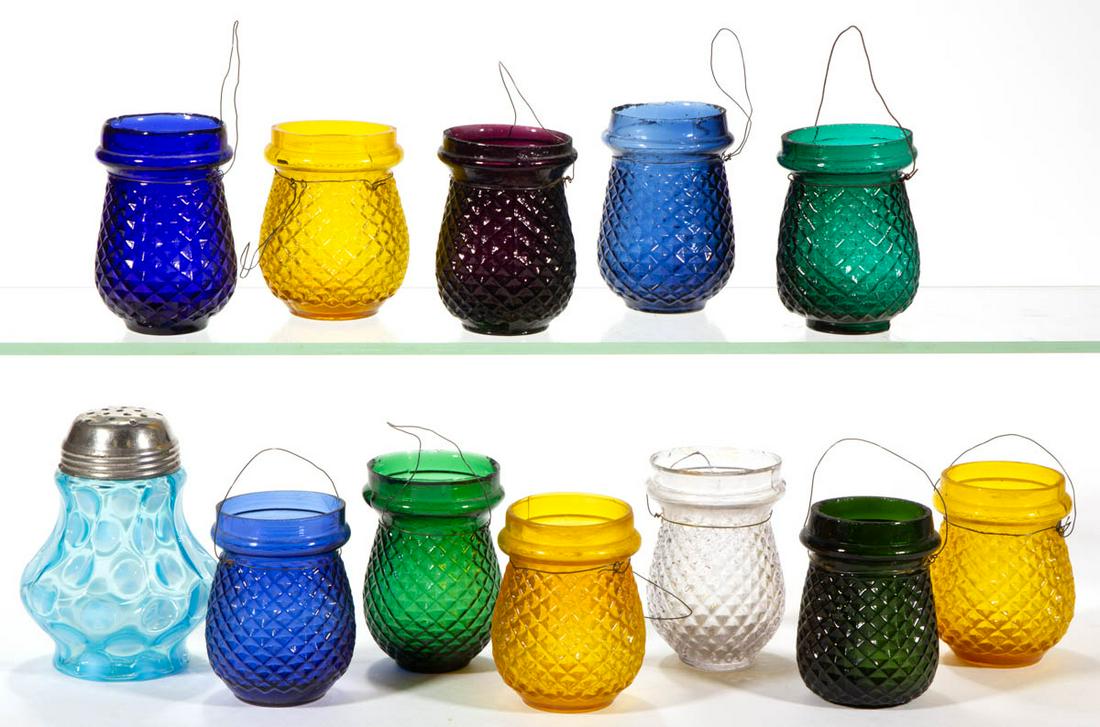 ASSORTED BLOWN-MOLDED GLASS CHRISTMAS LIGHTS, LOT OF 11: ASSORTED BLOWN-MOLDED GLASS CHRISTMAS LIGHTS, LOT OF 11, various colors and colorless, each with inverted diamond pattern. Together with a blue opalescent Coin Spot sugar shaker having period top. Twe