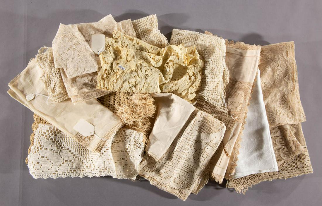ANTIQUE / VINTAGE LACE AND OTHER TABLE RUNNERS /: ANTIQUE / VINTAGE LACE AND OTHER TABLE RUNNERS / DRESSER SCARVES, LOT OF 18, including a silky example with red embroidered motifs, a linen example with three inset lace panels of Venus and Cupid havi