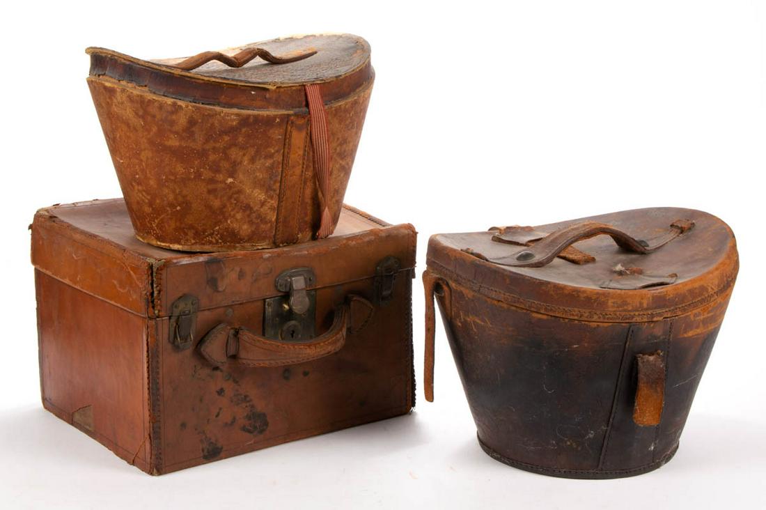 ANTIQUE KNOX CO. BEAVER SKIN TOP HATS, LOT OF TWO: ANTIQUE KNOX CO. BEAVER SKIN TOP HATS, LOT OF TWO, each marked for retailer "Stinemetz / WASHINGTON, D.C." to interior, retaining possibly original fitted leather box / case. Together with another exa