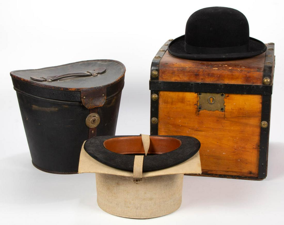 ANTIQUE DERBY BOWLER HATS, LOT OF TWO: ANTIQUE DERBY BOWLER HATS, LOT OF TWO, one marked for Knox Co. of New York, retaining likely original linen-covered case, and the other marked for Dobbs of New York. Together with a period fitted leat