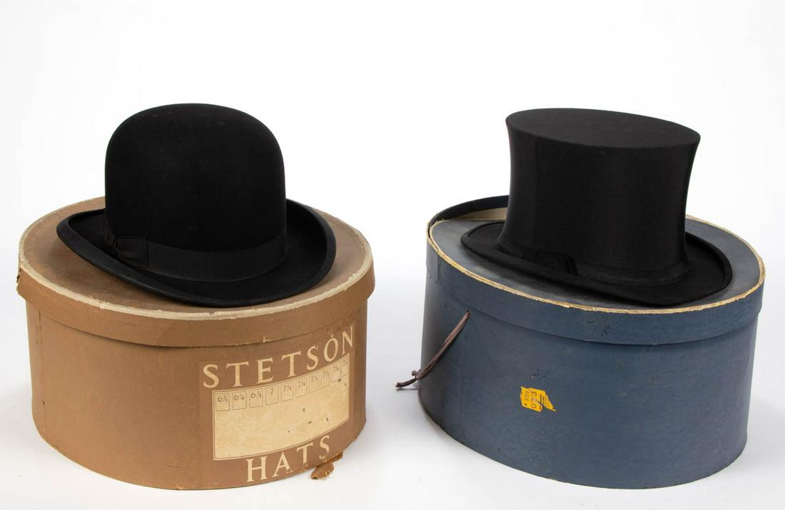 ANTIQUE TOP HAT: ANTIQUE TOP HAT, marked for Young Bros. of New York, housed in an old Brooks Brothers retail box. Together with a Knox Co. Derby bowler in an old Stetson box. Two pieces total. Late 19th/first quarter