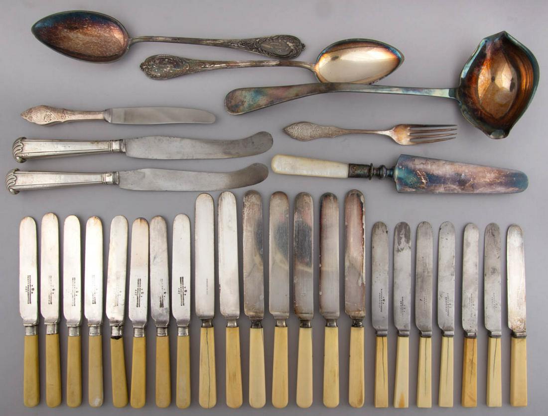 ANTIQUE / VINTAGE SILVER-PLATED AND OTHER SERVING: ANTIQUE / VINTAGE SILVER-PLATED AND OTHER SERVING UTENSILS AND FLATWARE, LOT OF 30, including a set of eight knives by George Butler & Company of Sheffield having faux bone handles and sterling bolste