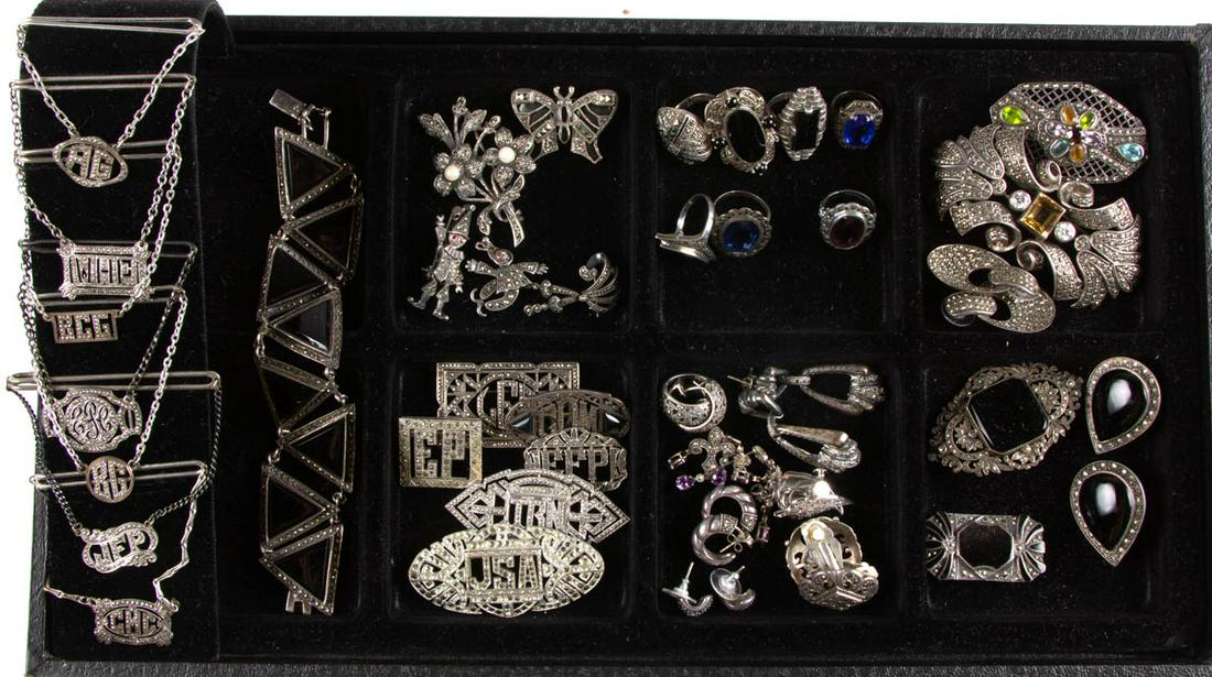 VINTAGE / CONTEMPORARY MARCASITE STERLING AND: VINTAGE / CONTEMPORARY MARCASITE STERLING AND SILVER-TONED JEWELRY, LOT OF 48 PIECES, including tie clips, earrings, brooches, rings, and a bracelet with some pieces in the Art Deco style, featuring t