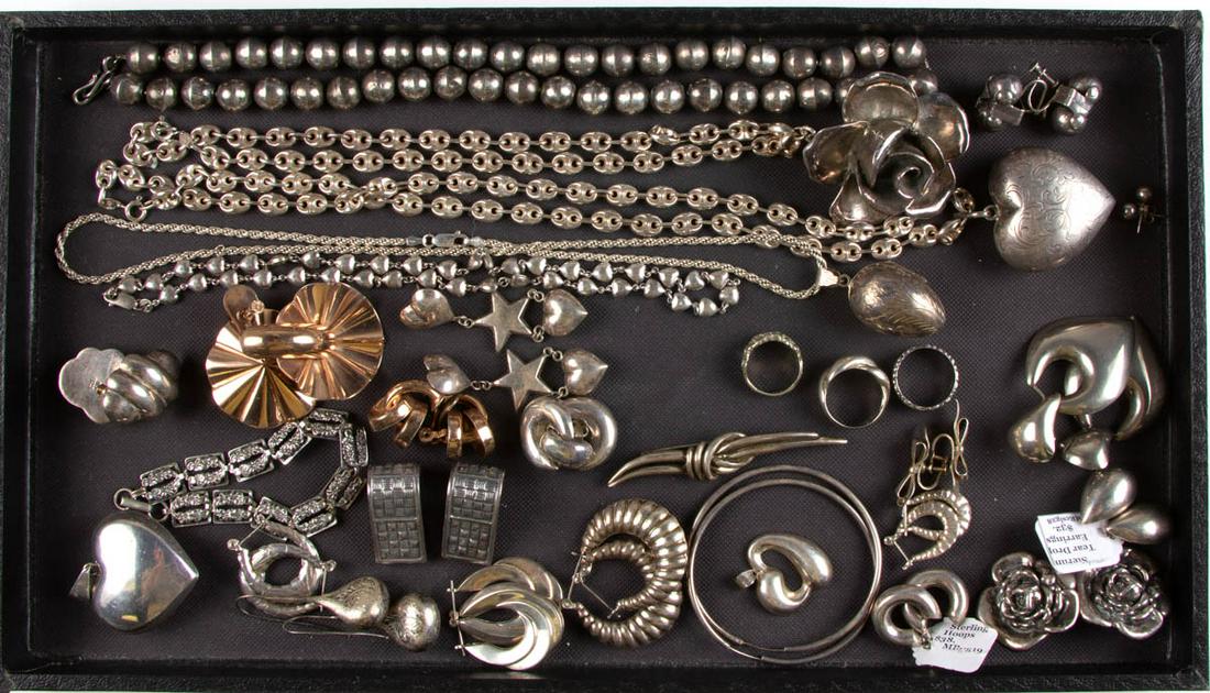 VINTAGE / CONTEMPORARY STERLING AND SILVER-TONED: VINTAGE / CONTEMPORARY STERLING AND SILVER-TONED JEWELRY, LOT OF 50 PIECES, including necklaces, bracelets, and earrings. At least 30 pieces marked for sterling fineness. Total weight of marked sterli