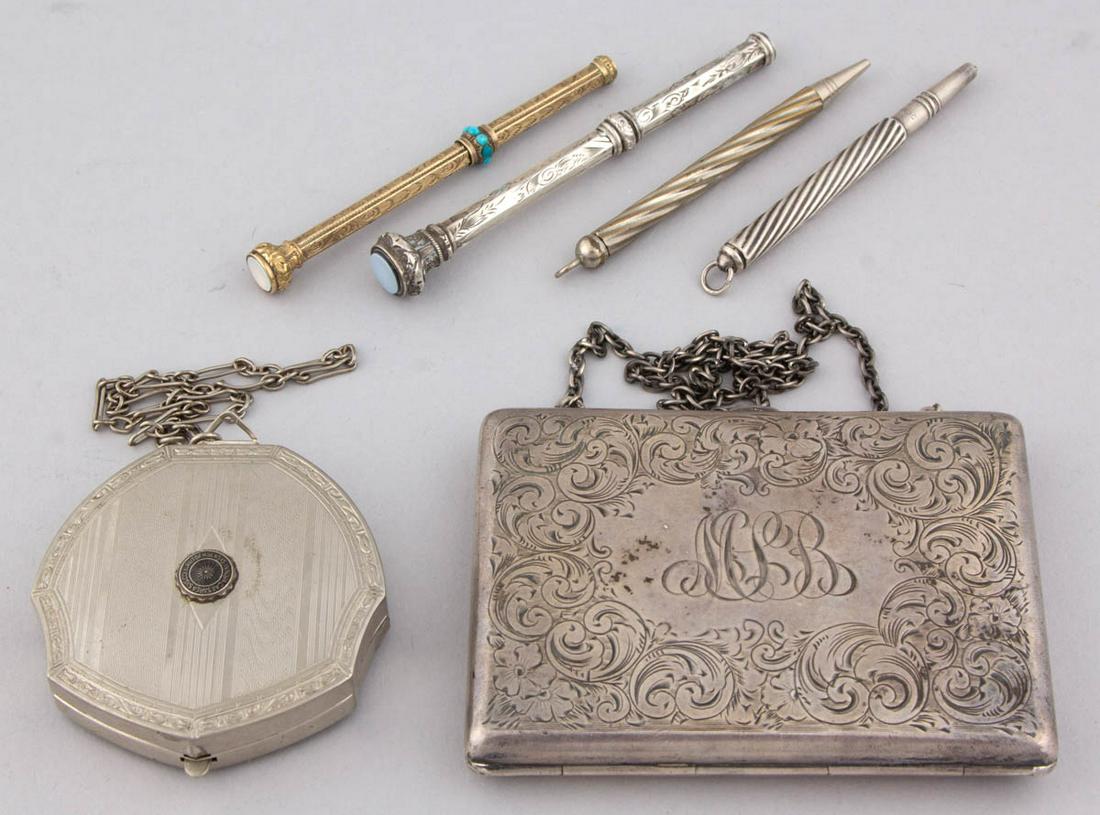 ANTIQUE / VINTAGE STERLING SILVER AND OTHER ARTICLES,: ANTIQUE / VINTAGE STERLING SILVER AND OTHER ARTICLES, LOT OF SIX, comprising a sterling silver minaudiere by Wm. B. Kerr & Co. featuring floral engraving to exterior with personalized initials, interi