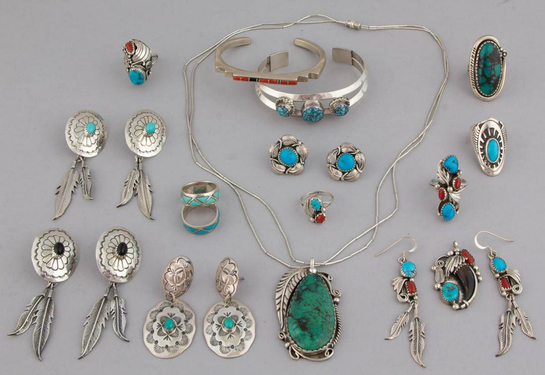 NATIVE AMERICAN / SOUTHWESTERN-STYLE STERLING AND OTHER: NATIVE AMERICAN / SOUTHWESTERN-STYLE STERLING AND OTHER SILVER JEWELRY, LOT OF 21 PIECES, comprising five pairs of earrings with post backs or hooks, seven rings including one by Ben Nighthorse, a cuf