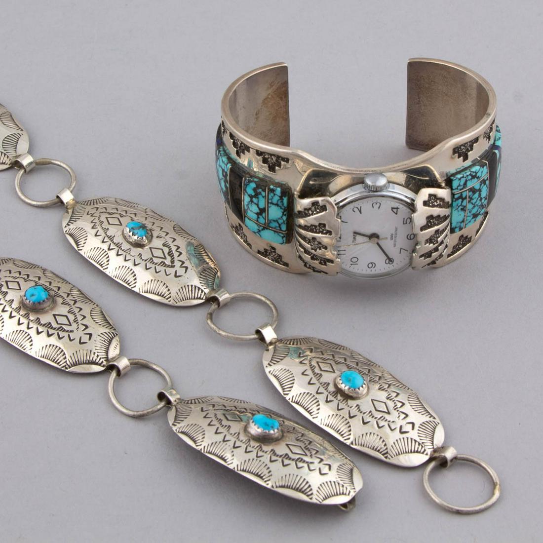 NAVAJO NATIVE AMERICAN STERLING SILVER JEWELRY /: NAVAJO NATIVE AMERICAN STERLING SILVER JEWELRY / ACCESSORIES, LOT OF TWO, comprising a cuff bracelet by Abraham Begay (b. 1953) featuring stone decoration and a Timex watch with winding mechanism, and