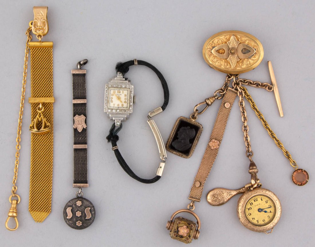 ANTIQUE / VINTAGE WATCHES AND WATCH FOBS, LOT OF FOUR: ANTIQUE / VINTAGE WATCHES AND WATCH FOBS, LOT OF FOUR, comprising an Art Deco-style lady's wristwatch having a 14K white gold-filled case by Schwab & Wuischpard with 22 singled-cut melee diamonds, an 