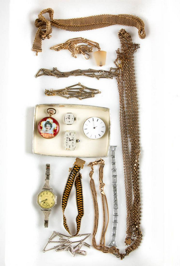 ANTIQUE AND VINTAGE WATCH CHAINS AND OTHER ARTICLES,: ANTIQUE AND VINTAGE WATCH CHAINS AND OTHER ARTICLES, LOT OF 15, including an Art Deco-style Gruen lady's wristwatch, a long watch chain with heart-shaped slide charm, a gold-filled chain with a Masoni