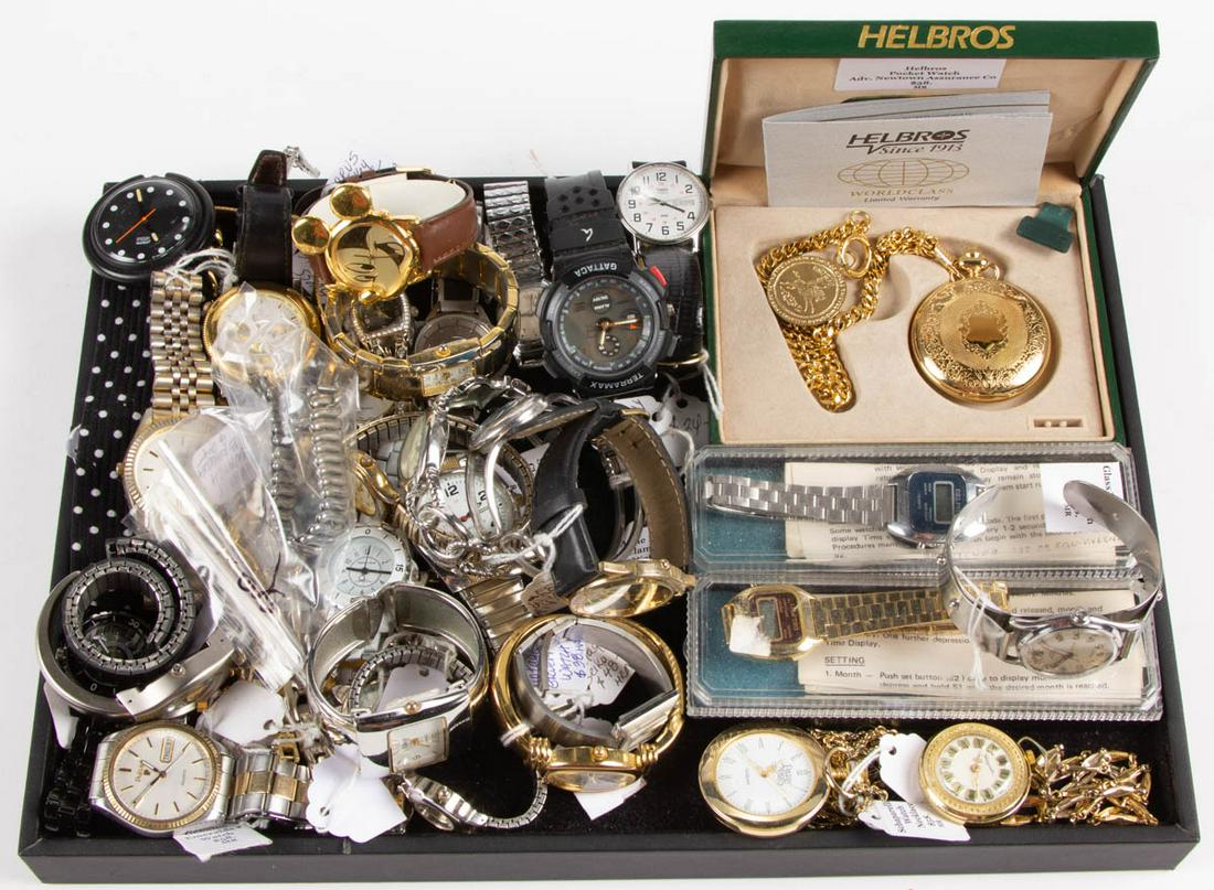 ASSORTED VINTAGE AND CONTEMPORARY WATCHES, UNCOUNTED: ASSORTED VINTAGE AND CONTEMPORARY WATCHES, UNCOUNTED LOT, more than 30 pieces, including a Gruen lady's wristwatch with white gold-filled bezel and bracelet, a Helbros pocket watch with original case,