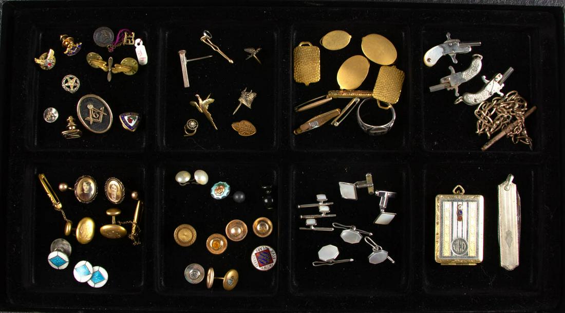 ANTIQUE / VINTAGE MEN'S JEWELRY AND OTHER ARTICLES,: ANTIQUE / VINTAGE MEN'S JEWELRY AND OTHER ARTICLES, UNCOUNTED LOT, more than 40 pieces, including a pair of cufflinks with portraits of a woman and a girl, a pair of guilloche enamel cufflinks, severa