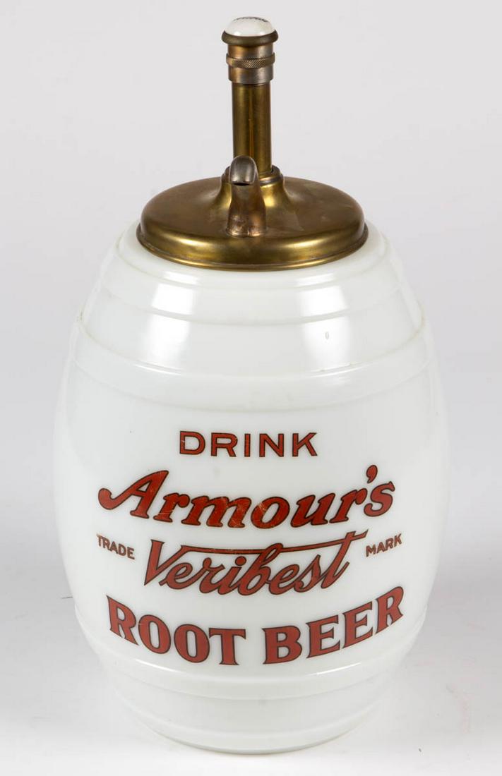 ARMOUR'S VERIBEST ROOT BEER MILK GLASS SYRUP DISPENSER: ARMOUR'S VERIBEST ROOT BEER MILK GLASS SYRUP DISPENSER, barrel form with red lettering, retains original pump marked "Veribest" on the porcelain top plunger cap. Circa 1910. 15" HOA.Very good overall